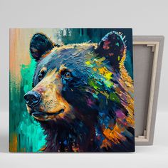 a painting of a brown bear with blue eyes and black fur on it's head