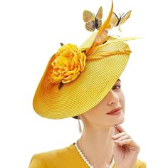 JQS Women's Fine Fashion Yellow Elegant Butterfly Flower Luxury Style Cocktail & Special Events Celebration Hat Derby Hats Fascinators, Overall Outfit, Hat Fascinator, Elegant Hats, Fascinator Hat, Unique Purses, Kentucky Derby Hat, Derby Hat, Pillbox Hat