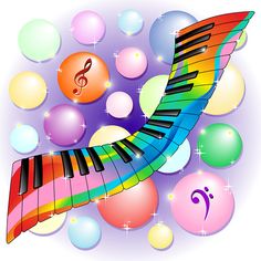 a colorful piano with musical notes on it's strings and bubbles in the background