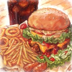 a painting of a hamburger and fries with a drink