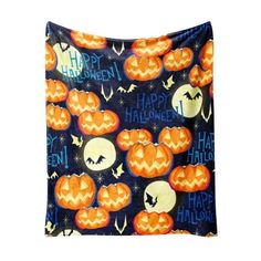 an orange and black square pillow with happy halloween pumpkins printed on the front, blue background