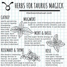 the herbs for taurus magick recipe is shown in black and white, with text on