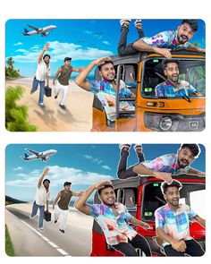 two pictures of men riding on the back of a truck and an airplane flying over them