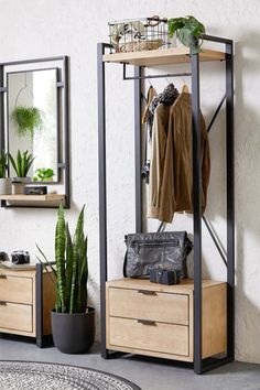 a coat rack with two drawers next to a potted plant and mirror on the wall