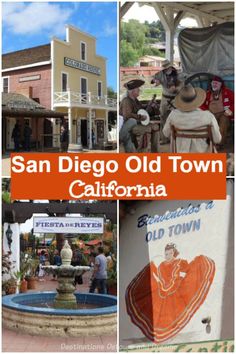 the san diego old town in california with pictures of buildings and people walking around it