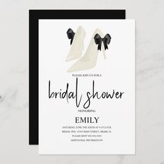 the bridal shower is shown in black and white with high heel shoes on it