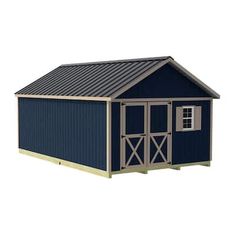 a small blue shed with a metal roof