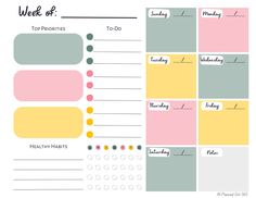 the printable weekly planner is shown in pink, yellow and green