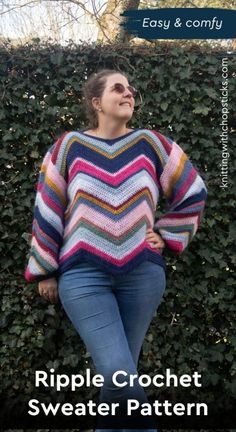 a woman wearing a striped sweater and jeans with the words ripple crochet sweater pattern