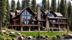 a large house sitting on top of a lush green hillside next to a lake and forest