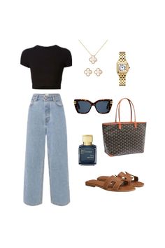 This casual outfit of a black T-shirt and blue jeans is elevated with the addition of a Goyard tote, Dior sunglasses, tan Hermès Oran sandals, and stunning Van Cleef & Arpels jewelry. The look is completed with a sleek Catier panthere gold watch, perfect for a chic and sophisticated daytime vibe. #ootd #outfitinspo #microinfluencer #instafashion #aesthetic #outfitgoals #ootdfashion #styleguide #fashionaddict #fashioninfluencer #stylewithme #ootdmagazine #outfitoftheday #blogwithme #fashionbabes #pintereststyle #stylediary #explorepage #styleaddict #blackshirt #blacktshirt #bluejeans #jeans #sandals #hermessandals #hermesoransandals #goyard #goyardtote #goyardbag #dior #diorsunglasses #diorglasses #jewelry #vancleefandarpels #cartier #cartierwatch #fashion #casualoutfit Hermes Sandals Outfit, Gold Sandals Outfit, Hermes Oran Sandals Outfit, Jean Sandals Outfit, Goyard Tote Outfit, Sandals Outfit Casual, Hermes Sandals, Jeans Sandals, Tan Outfit