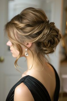 A French twist updo with cascading side bangs, perfect for a sophisticated and refined look that combines classic elegance with modern flair. Uptini Up Dos, Wedding Updo With Face Framing Pieces, Hair Up Side Bun, Bridesmaid Up Do Medium Hair, Romantic Wedding Updos For Medium Hair, Hair Updos Black Hair, Bridal Updo With Side Bangs, French Twist With Braid, Elegant Updo For Wedding