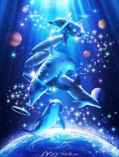 two dolphins are swimming in the ocean surrounded by stars and planets, as if they were floating