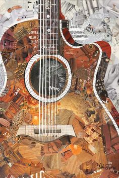 an acoustic guitar is surrounded by many different things