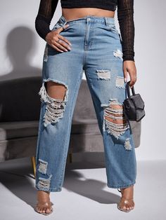 Colour: Medium Wash Pattern: Plain Features: Button, Pocket, Ripped, Zipper Style: Straight Leg Closure: Zipper Fly Waist: High-waisted Length: Long Fit: Regular Material: Non-stretch Denim (73% Cotton, 18% Polyester, 9% Viscose) Care: Machine wash; do not dry clean Sheerness: None Size US Hip Size Length Thigh Waist Size 0XL 12 46.5 40.7 29.2 34.3 1XL 14 48.8 41.3 30.7 36.6 2XL 16 51.2 41.9 32.2 39 3XL 18 53.5 42.5 33.8 41.3 4XL 20 55.9 43.1 35.4 43.7 Ships in 4-6 days Join our mailing list for Ripped Jeans Plus Size, Skater Jeans, Jeans Plus Size, Jeans Casual, Fall Fashion Outfits, Plus Size Jeans, Inspiration Mode, Casual Denim, Ripped Jeans