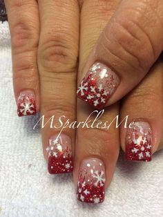 Red Tip Nails With Snowflake, Advent Nails, Team Nails, Christmas Snowflakes Nails, Snowflake Nail, Red Nails Glitter, Xmas Nail Art, Snowflake Nail Art, January Nails