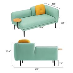 a blue couch with yellow pillows on it and the measurements for each seat in front