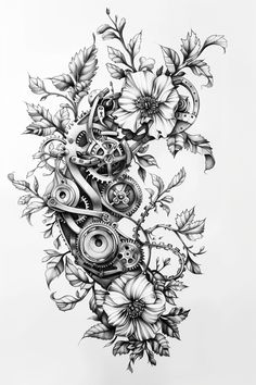 a drawing of flowers and gears in the shape of a heart on a white background