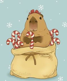 a brown bear sitting in a bag with candy canes on it's back