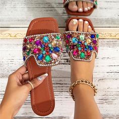 Super Cute And Stylish Ships In 5-10 Business Days Tags: #Shoes #Heels #Party #Newyears #Holiday #Sandals #Gold #Beautiful #Glitter Multicolor Rhinestone Sandals For Spring, Multicolor Rhinestone Sandals For Summer, Multicolor Rhinestone Beach Sandals, Summer Multicolor Sandals With Rhinestones, Glamorous Multicolor Open Toe Sandals, Gold Flat Sandals, Women Flat Sandals, Summer Sandals Flat, Tie Sandals