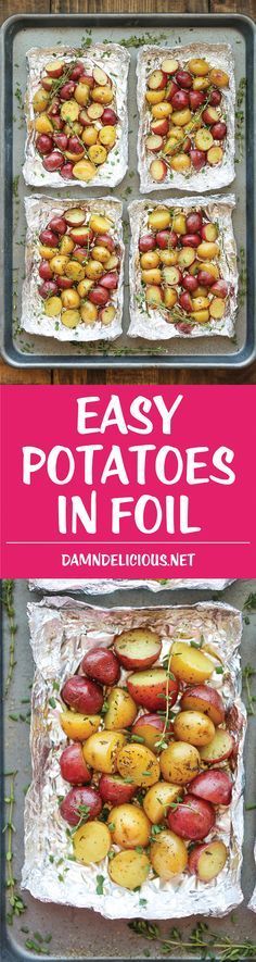 potatoes in foil with text overlay that reads easy potato's in foil danielle licious net