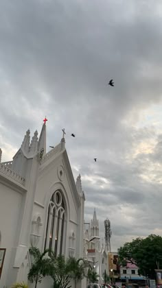 birds flying over a church in the middle of a cloudy day with palm trees and other buildings