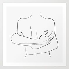 a black and white drawing of a woman's torso with her arm wrapped around the shoulder