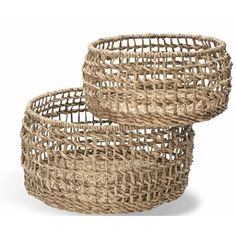 two woven baskets sitting next to each other