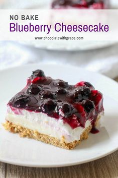 no bake blueberry cheesecake on a white plate