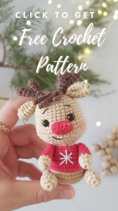 a small crocheted reindeer is shown with the text, click to get free crochet pattern