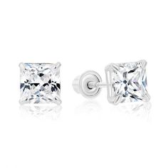 Genuine 14K White Gold CZ stud earrings with secure screwbacks. Forget about the cheap earrings that tarnish in less than a month, these gold cz stud earrings are guaranteed to never tarnish! Gold is a metal that never tarnishes and that can be worn anywhere including in the shower, pool or anywhere there may be moisture. The smaller sizes are great for kids (3mm to 5mm) to wear as a primary earring and great for Adults to wear as part of a multiple earring set on an ear with multiple piercings. Square Stud Earrings, Princess Cut Gold, White Gold Solitaire, Gold Gemstone Ring, Solid Gold Earrings, Square Stud, Cz Stud Earrings, Gemstone Engagement Rings, Stud Earrings Set