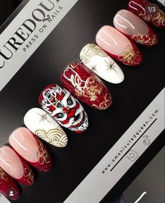 Lunar New Year Nails, Nails Asian, New Year Nails, Red And Gold Nails, New Years Nail Art, 3d Nail Art Designs, New Years Nail Designs, Asian Nails