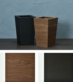 three different views of a square wooden vase with black and brown wood grained finish