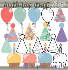 birthday cupcakes and party hats clipart for digital scrapbooking or personal use