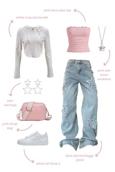 Step back into the early 2000s with this pink fit. Embrace the iconic fashion trend which features a pink lace tube top, blue baggy jeans & platform shoes. Accessorise with diamond star earrings, a mini strap bag & a silver star necklace to complete the look. Ideal for parties, festivals or a stylish day out. All items are linked for an easier shopping experience for you! Follow for more inpso collections! Outfits With A Pink Top, Tube Top And Baggy Jeans, Tube Top Baggy Jeans, Styling Tube Tops, Cute Pink Outfits Casual, Pink Outfits With Jeans, Pink Baggy Outfit, Pink Outfit Shein, Party Wear Tops With Jeans