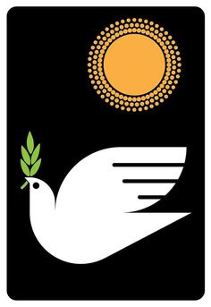 a white dove with a green leaf in its beak and the sun above it on a black background