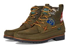 PRICES MAY VARY. An array of Ralph Lauren’s exclusive outdoors-themed patches accent this rugged suede boot, which is paneled with waxed twill at the shaft. It is finished with utilitarian-inspired lacing, a hand-stitched toe, and a leather welt. Rounded toe with hand-stitched detailing. Upper lined with velvet. Collar lined with leather. Leather welt. Rubber lug outsole. Imported. Velvet Collar, Polo Ralph Lauren Mens, Suede Boots, Hand Stitched, I Dress, Hiking Boots, Special Features, Polo Ralph, Style Me