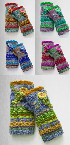 four different knitted gloves with flowers and ribbons on the front, one in multicolored yarn