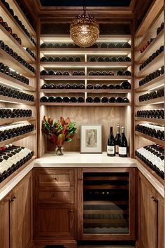 a wine cellar with wooden cabinets and shelves filled with bottles of wine on the counter