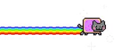 a pixel art image of a cat with a rainbow in its mouth and the text, i don't know what this is