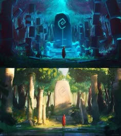 the concept art for ori and the blind knight is shown in two separate screens