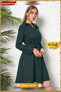 Check Pattern Belt Button Lapel Long Sleeve Dress Cheap Summer Dresses, Get Ready For Fall, Meghan Markle Style, Outfit Shop, Trendy Dress, Ready For Fall, Fashion Sale, Buy Dress, Check Pattern