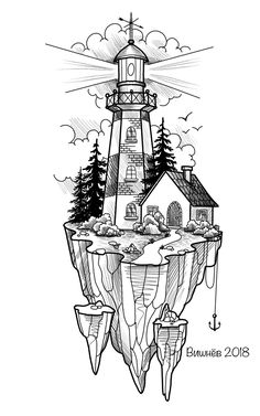 a drawing of a lighthouse on an island