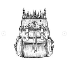 a drawing of a backpack with trees and mountains in the background, on a white background