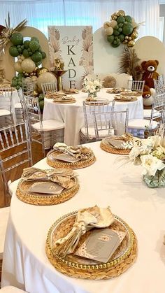 the tables are set with place settings for dinner