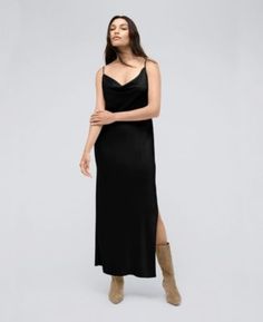 This maxi dress from Kenneth Cole is a must-have for any fashion-forward woman. Crafted from luxurious satin, it drapes beautifully, providing a figure-flattering silhouette. The cowl neck adds a touch of elegance, while the sleeveless design keeps you cool and comfortable. This dress can be dressed up or down to suit any event. | Kenneth Cole Women's Satin Cowl Neck Maxi Slip Dress, Black, Small Slip Dress Black, Neckline Slimmer, Cashmere Outfits, Perfect White Tee, Maxi Slip Dress, Satin Maxi, Cowl Neckline, Satin Slip, Satin Slip Dress