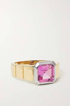 Yvonne Léon's ring is centered with a glowing pink corundum crystal set in a polished 9-karat white gold bezel. It's handmade with a wide yellow gold band that has a ribbed finish, which enhances the beautiful lines and geometry within the design of the piece. Corundum Ring, Corundum Crystal, Gold Amethyst Ring, Diamond Signet Ring, Yellow Diamond Rings, Yellow Rings, White Diamond Ring, Gold Signet Ring, Yellow Gold Jewelry