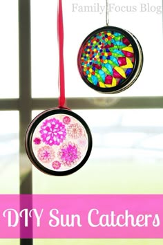 three sun catchers hanging from a window sill with the words diy sun catchers