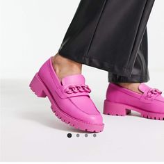 Never Worn Pink Loafers Outfit, Loafers With Chain, Pink Loafers, Loafers Outfit, Funky Shoes, Chunky Loafers, Loafers Style, Loafer Mules, Pink Shoes