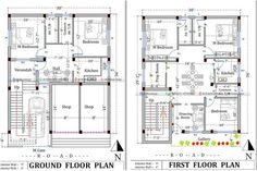 two story house plans with ground plan and first floor plan in the same area,